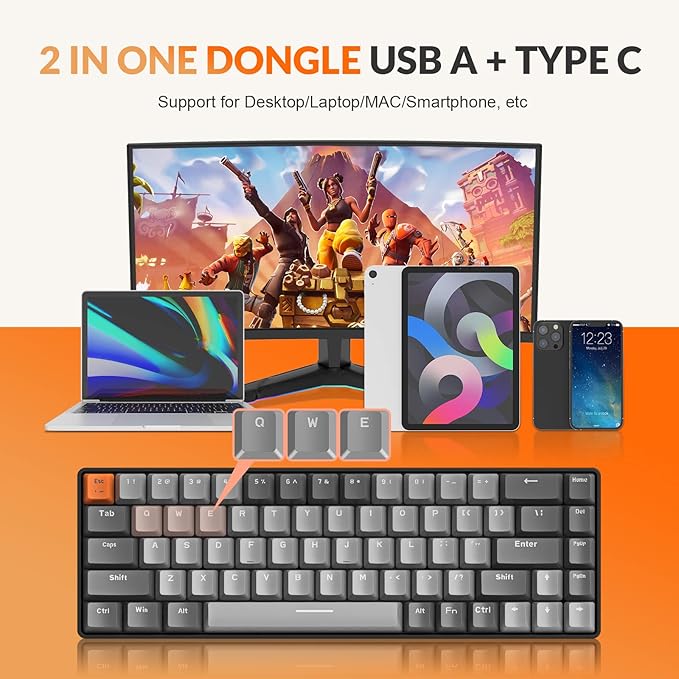 MAGIC-REFINER RK68 60% Wireless Mechanical Keyboard, Bluetooth 5.0/2.4GHz with Dual Mode 2-in-1 Receiver, Ergonomic Compact 68-Key Hot Swappable Gaming Keyboard, Red Switch for Mac Windows PC