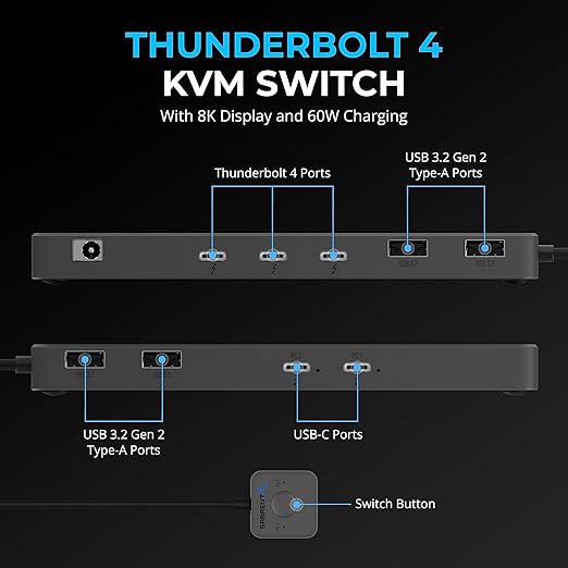 SABRENT Thunderbolt 4 KVM Switch, Peripheral Sharing with 3X Thunderbolt 4 USB C 40Gbps, 2X USB-C Charging 60W (PD 3.0) | 4X USB Type A 3.2x2 10Gbps | Supports 4K@144Hz / 8K@60Hz DSC (SB-TB4K)