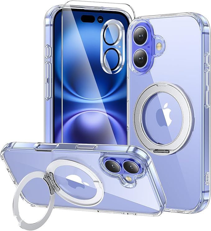 toushion 3 in 1 for iPhone 16 Plus Case Clear Ring Holder | Screen Protector *1 & Camera Lens Protector*1, Not Yellowing, Build in Kickstand, Military-Grade Protection