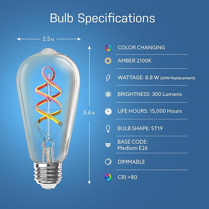 Feit Electric Smart ST21 Light Bulb, 60W Eq, Dimmable, Spiral Filament Edison Style. WiFi Enabled, Works with Alexa/Google Home, Millions of Colors, 15,000-Hr. Lifetime, ST2160RGBWFILAG/RP/3, 3 Pack