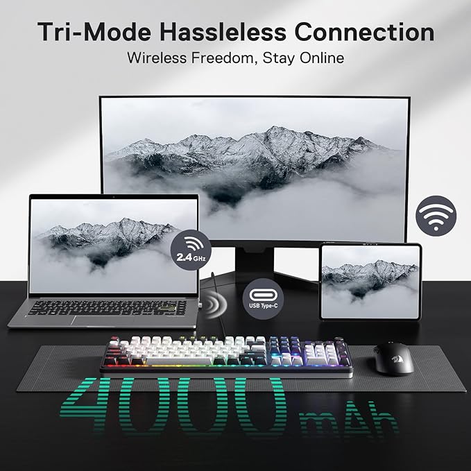Redragon K762 Wireless Gasket Gaming Keyboard w/Hype Screen & Knob, 104 Keys Mechanical Keyboard, Easy-Control 1.14’’ TFT Info Display, 5-Layer Noise Dampening, Round PBT Keycaps, Mint Mambo Switch