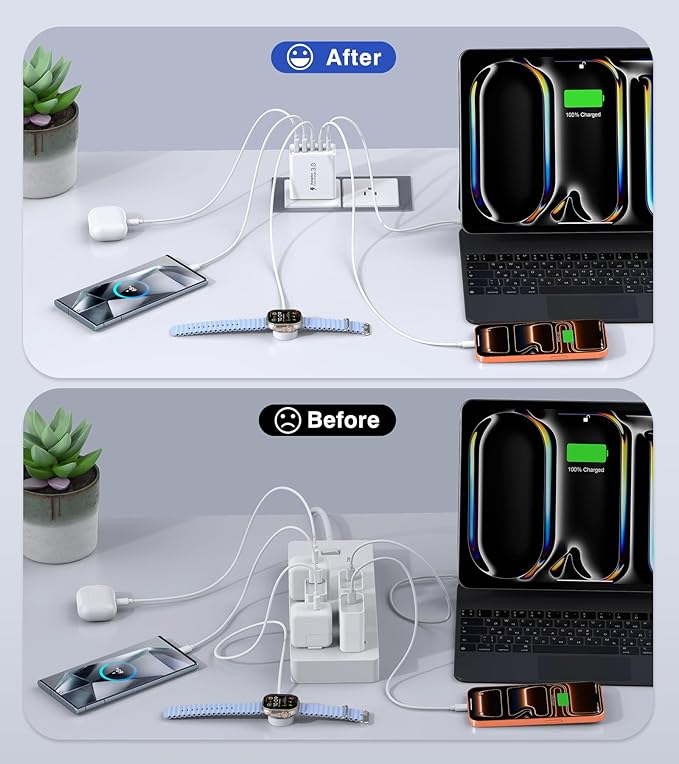 2Pack USB C Fast Charger Block,50W 5-Port USB Wall Charger Brick,2 USB A & 3 USB C PD3.0 Power Adapter Multiport Type C Charging Plug for iPhone 17/16/15/14,Pad Mini/Pro,AirPods 4,GalaxyS25(White)