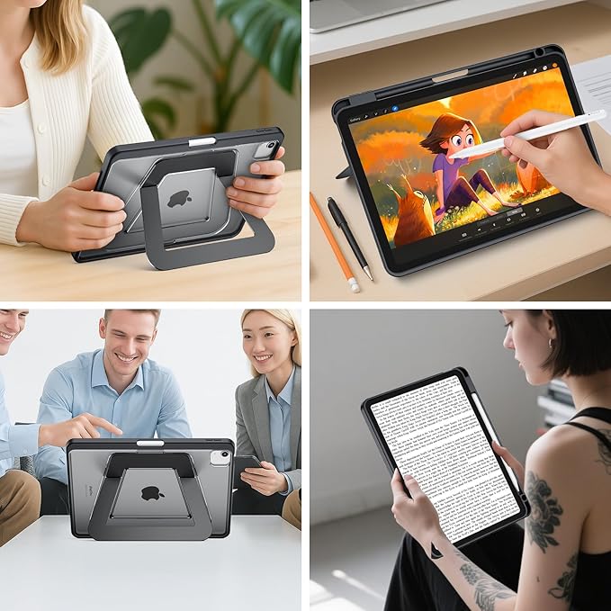 Case for iPad Air 11 inch(M4/M3/M2),iPad Air 5th (2022)/4th Gen (2020) 10.9 Inch,Pro 11 inch,Dual Multi-Angle Adjustable Kickstand Case with Built-in Pencil Holder,Hard Backplate,Black