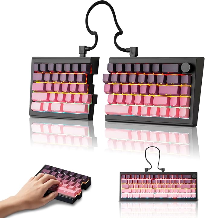 ZORNHER ST68 Wireless Ergonomic Split Mechanical Keyboard,65% Pink & Purple Creamy Thocky TKL Gaming Keyboard with Knob,Lighted Up PBT Keycaps,Cream Switches