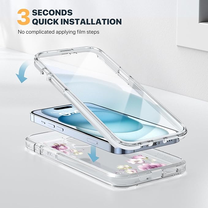 Diaclara Designed for iPhone 15 Plus Phone Case,Full Body Rugged Case with Built-in Screen Protector+9H Tempered Glass Camera Lens Protector (Clear Flower)