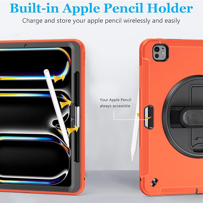 Case for iPad Pro 13 Inch M5 2025/ M4 2024: Military Grade Cover for iPad Pro 13" with Screen Protector - Stand - Handle - Shoulder Strap - Pencil Holder- Orange