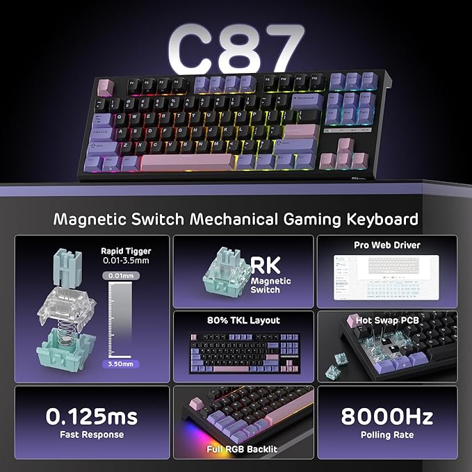 RK ROYAL KLUDGE C87 HE Rapid Trigger Gaming Keyboard, 75% TKL Wired RGB Mechanical Keyboards, Hall Effect Magnetic Switch Keyboard w/Actuation Point Adjustable, 8K Hz Polling Rate, for FPS Gamer