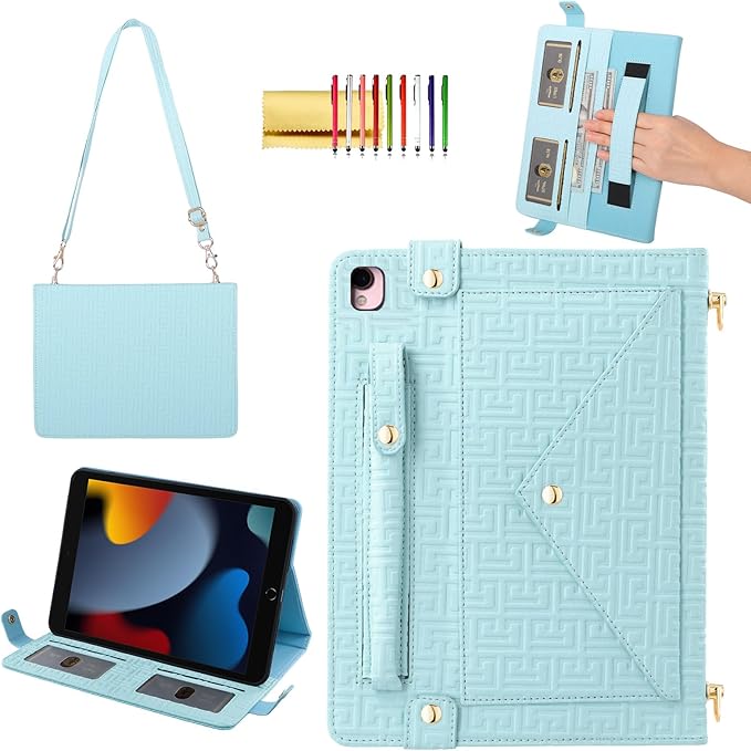 Handbag Case for iPad 9.7 Inch 2018/2017 (6th/5th Gen), iPad Air 2/Pro 9.7 Cover, Techcircle Cute Folio Stand Wallet Case w/Pencil Holder, Card Slots, Hand Strap, Shoulder Strap, Baby Blue