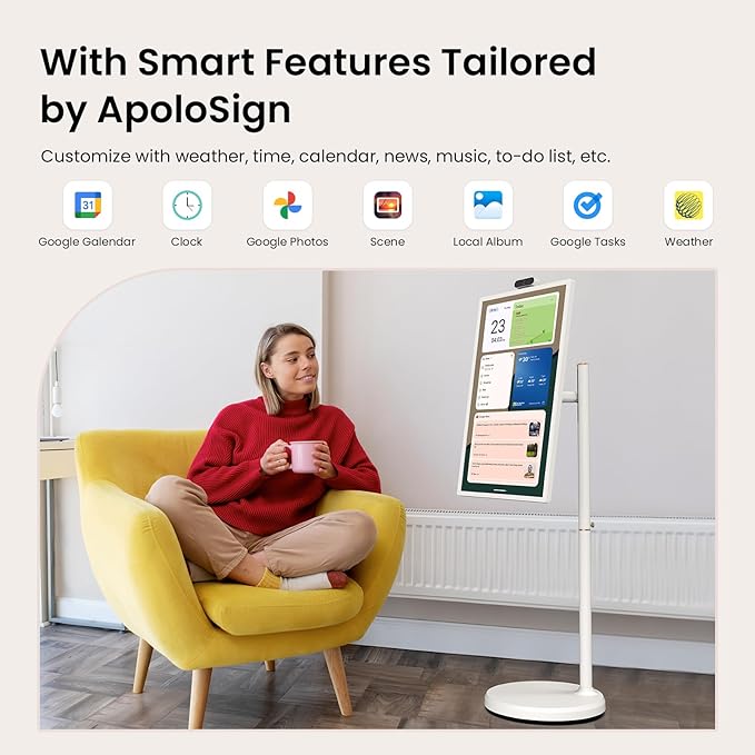 ApoloSign 24 Inch FHD Smart Portable TV 2nd Gen, 16(8+8) GB RAM+128GB, Android 16, EDLA-Certified, Rolling Tablet TV on Wheels, Built-in 5200mAh Battery, Full Swivel Rotation, Voice Remote Control