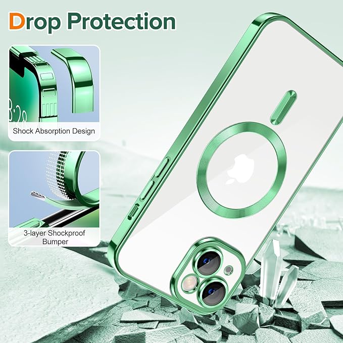 Hython Magnetic Clear for iPhone 14 Plus Case with Camera Lens Protector [Compatible with MagSafe] Luxury Plating Edge Slim Soft TPU Cover Protective Phone Case for iPhone 14 Plus 6.7", Light Green