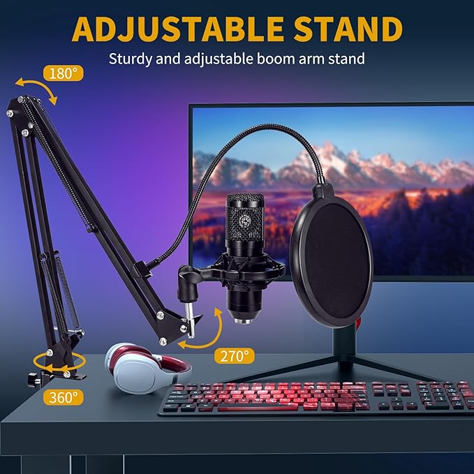 AMOOX Condenser Microphone,Professional USB Microphone Plug & Play PC Computer Microphone Condenser Cardioid Mic Kit with Adjustable Boom Arm Stand Shock Mount,for Podcast,Streaming,YouTube，Tiktok