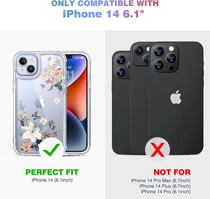 Diaclara Designed for iPhone 14 Case, Full Body Rugged Case with Built-in Touch Sensitive Anti-Scratch Screen Protector, with Camera Lens Protector for iPhone 14 6.1" (Lily) Butterfly