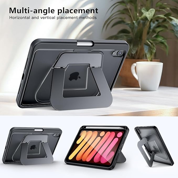 Case for iPad mini 7 A17 Pro Case, iPad mini 6 Case with Pencil Holder,Multi-Angle Ultra Stable Dual Stand,Slim Duty Shockproof Protective Case with Kickstand,Black