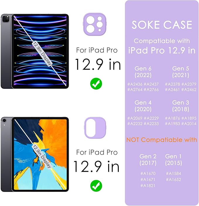 Soke Case for iPad Pro 12.9 Inch (6th/5th/4th/3rd Generation, 2022/2021/2020/2018) - Pencil Holder + Auto Sleep/Wake + Camera Protection, Transparent Shockproof Back Cover, Lavender Purple