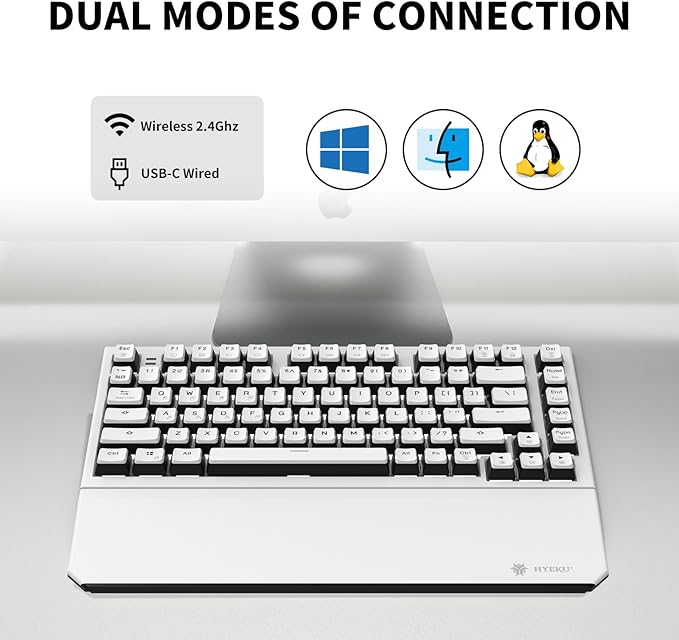 Hexgears X2 TKL Wireless Mechanical Gaming Keyboard with Magnetic Wrist Rest, Dual-Mode 2.4GHz/USB-C Ergonomic Keyboard, Pre-lubed Tactile Switches, White LED Backlit Computer Gaming Keyboards