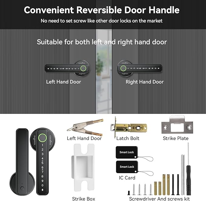 Fingerprint Smart Lever Lock TUYA APP Control Keyless Entry Bluetooth Touchscreen Indoor Handle Biometric Electronic Digital Door Knob with Keypad Suitable for Hotel Office Apartment Bedroom