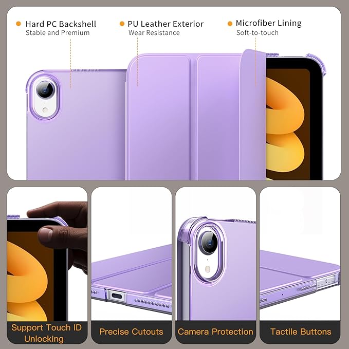 MoKo for iPad Mini 7 (A17 Pro) Generation Case 2024, iPad Mini 6 Case 2021, 8.3-inch Slim Lightweight Protective Hard Back PC Shell Stand Cover Support Touch ID, Auto Wake/Sleep, Lilac