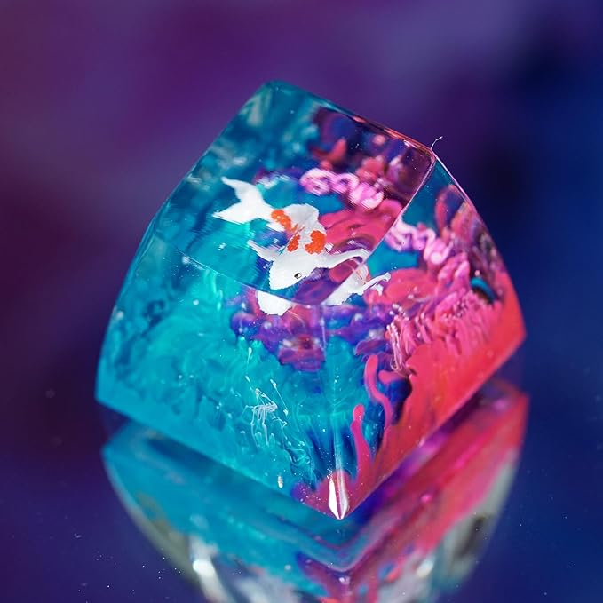 Kohaku Koi Artisan Keycap Blue and Pink Ocean Coral R1 SA Profile Custom Keycaps 1U ESC Handmade Gaming Resin Key Cap Cherry MX Switch Compatible Mechanical Keyboard Koi Lover Gift