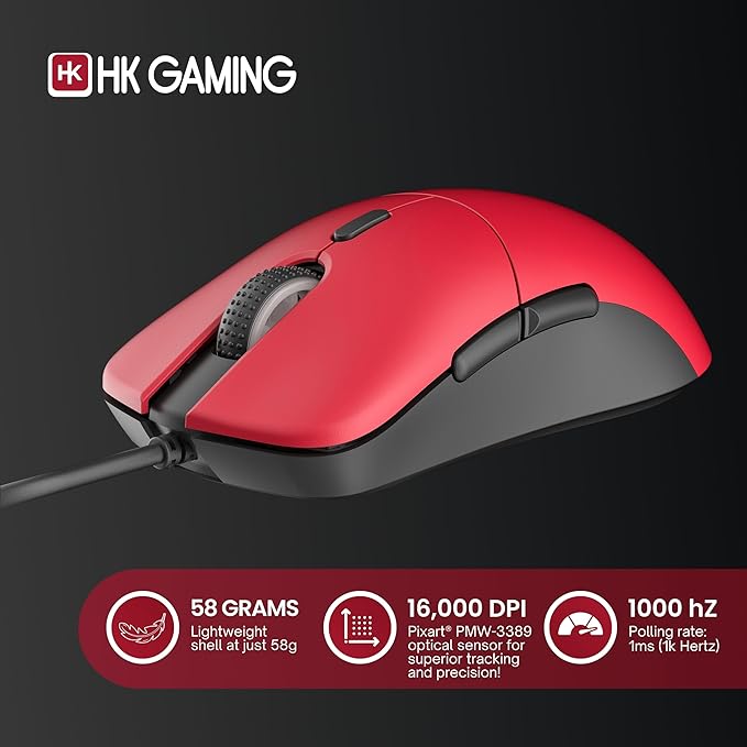 HK GAMING Mira XM1 Ultra Lightweight Gaming Mouse | 58 Grams | max 16000 cpi | 1kHz USB Wired | 6 Buttons | Anti Slip Grips (Monza)