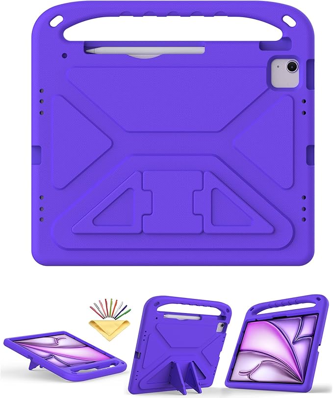 Kids Case for iPad Pro 13 inch (M5) 2025/ (M4) 2024, with Pencil Holder/Kickstand/Handle Stand Lightweight Cute Soft EVA Shockproof Silicone Anti-Slip Grip Rugged Girls Boys Cover, Purple
