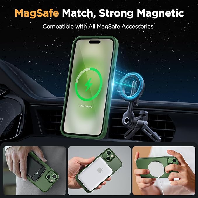 Miracase Magnetic for iPhone 15 Case (Compatible with MagSafe)（with 2X Screen Protectors） Military-Grade Protection, Anti-Fingerprint Translucent Matte Phone Cover for iPhone 15 6.1 inch, Dark Green
