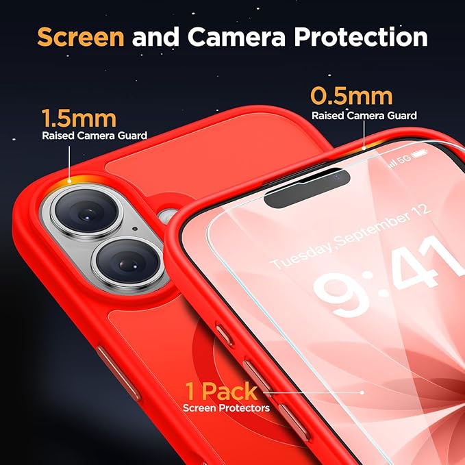 Miracase Magnetic for iPhone 17 Case (Compatible with MagSafe) with Screen Protector Military-Grade Protection, Anti-Fingerprint Translucent Matte Phone Cover for iPhone 17 6.3 inch, Red