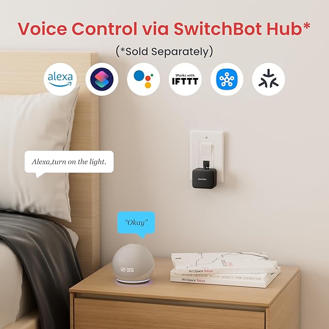 Switchbot Smart Switch Button Pusher (Bluetooth) – Fingerbot for Rocker Switch/One-Way Buttons, App Timer Control, No Wiring, Optional Hub Required for Voice/Remote, Black