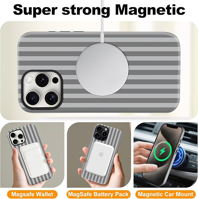 Magnetic for iPhone 13/14 Case Cute Stripes Phone Case, Shockproof Slim TPU and Hard PC Protective Phone Cover Compatible with MagSafe Designed for Women Girls, Gray