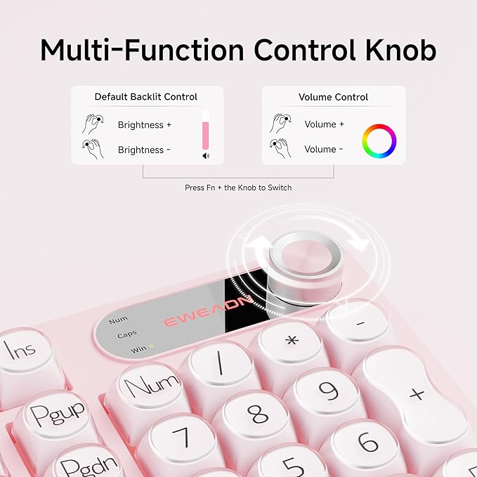EWEADN V102 Wired Keyboard, 98 Keys Creamy Gaming Keyboard with Number Pad, Display Screen & Media Knob RGB Silent Wired Cute Computer Keyboard for Laptop PC Gamer - Pink