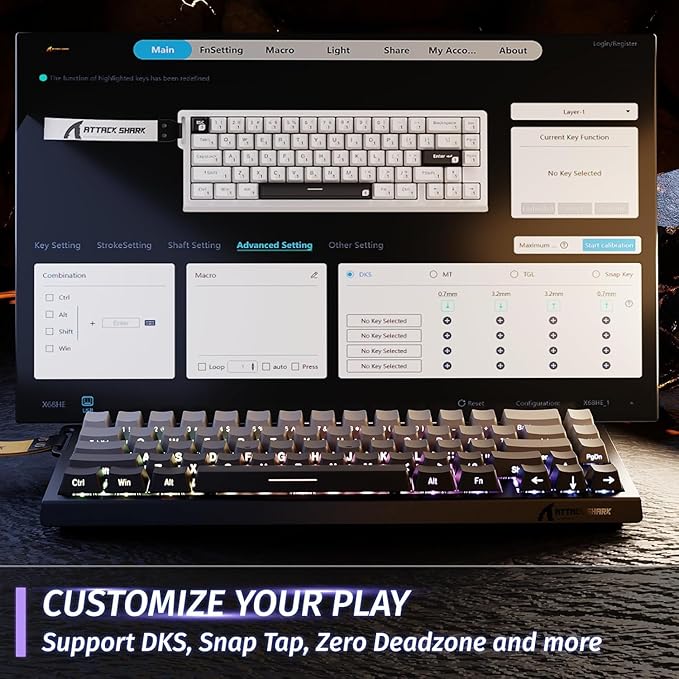 ATTACK SHARK X68 HE Wired Rapid Trigger Mechanical Gaming Keyboard and R1 Mouse with Adjustable Actuation,Coiled Cable,USB C/2.4Ghz Wireless/BT Ultralight 18K DPI Mice for Esport PC Gamer(Moonlight)