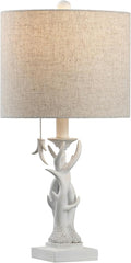 JONATHAN Y 20.5" Antique White Rustic Antler Table Lamp for Bedroom Farmhouse Decor, Mini Faux Antler Desk Lamp with Gray Linen Shade, Lodge Cabin Nightstand Lamp, LED Bulb (JYL1031C)
