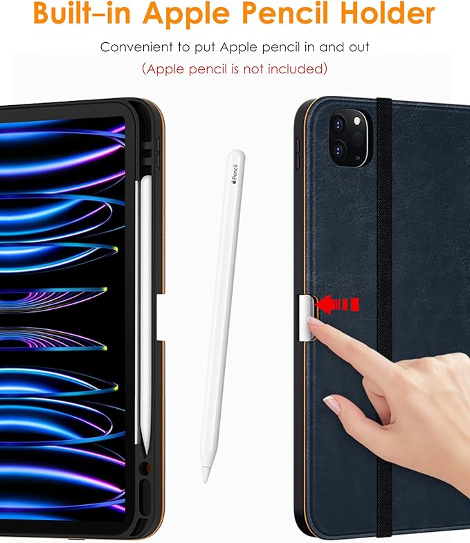 DTTO iPad Pro 12.9 6th / 5th / 4th / 3rd Generation Case 2022/2021/2020/2018, Premium Leather Folio Stand Cover with Built-in Apple Pencil Holder -Auto Wake/Sleep and Multi Viewing Angles,Blue
