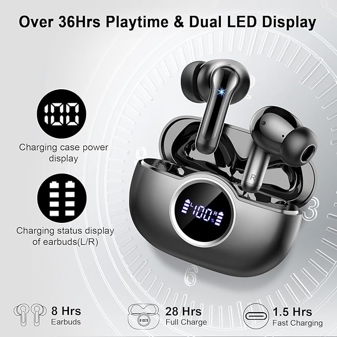 Wireless Earbuds, Bluetooth 5.4 Headphones 3D Bass Hi-Fi Stereo Ear Buds, 4 ENC Noise Cancelling Mic, 40Hrs USB-C in-Ear Earphones, IP7 Waterproof Workout Sport for Laptop Pad Android iOS, Black