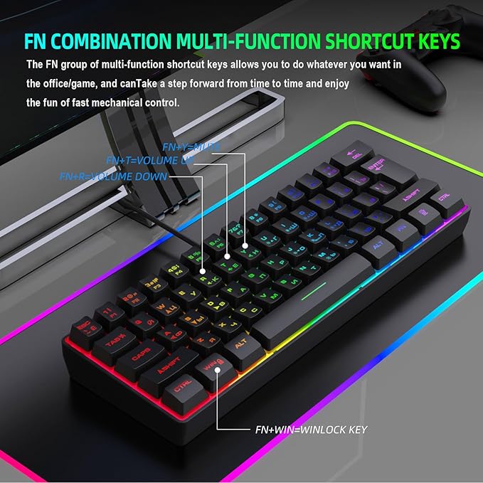 PUSOKEI 60% Mechanical Gaming Keyboard, 61 Keys Mini USB Wired Keyboard with RGB Backlit, Hot Swappable, Full Keys No Conflict, Russian English Dual Language for PC (Black)