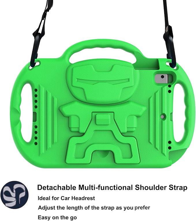 LTROP Kids Case for iPad 5th/6th Generation (2017/2018) & Air 2, Shoulder Strap Handle Stand Shockproof Bumper Cute Kid Case for iPad 9.7 Inch, Green