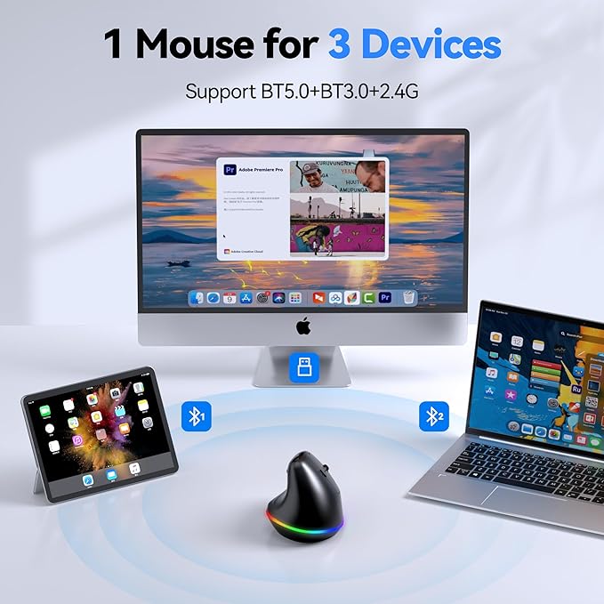 TECKNET RGB Rechargeable Wireless Ergonomic Mouse - USB+Bluetooth Multi-Device LED Vertical Mouse with 11 RGB Backlight Modes, 4800 DPI Adjustable, Ergo Mice for Windows and Mac, Black