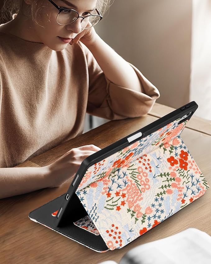 Uppuppy for iPad 10th Generation Case, for iPad (A16) 11th Generation Case - Women Girls Cute Embroidered Folio Stand Cover with Pencil Holder & Card Slot Kawaii Girly Floral Flower Aesthetic Cases