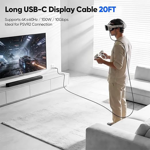 20 FT USB C Cable Long USB C 3.2 Gen 2 Cord 20FT, Full-Featured USBC to C Fast Charging/Monitor Video/Data Cable(4K@60Hz,100W, 10Gbps) for USB‑C Hub VR,iPhone 17-15 PM,Sam-sung,MacBook Pro,Camera-6M