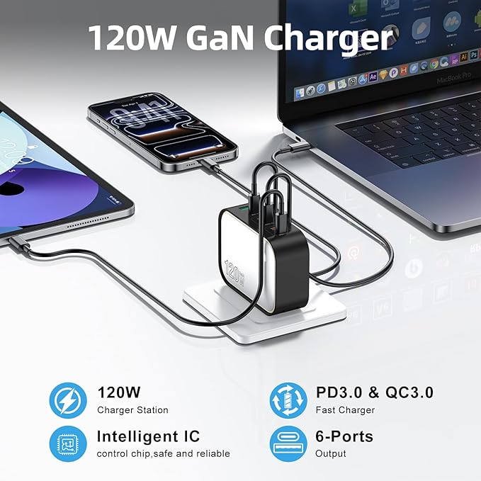 120W GaN USB C Charger, 6-Port Fast Charging Block with Night Light, PD 100W Wall Charger for MacBook Pro/Air, iPhone 17/16/15 Series, iPad, Laptop - Ultra-Compact Travel Charger for Home and Office