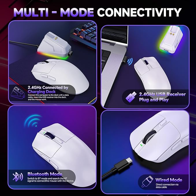 Wireless Gaming Mouse, Tri-Mode 2.4GHz/USB-C/Bluetooth Wireless Mouse with RGB Charging Dock, 24000 DPI, 60Hrs Battery, Ergonomic Lightweight Rechargeable Computer Mice Compatible with PC Mac Laptop