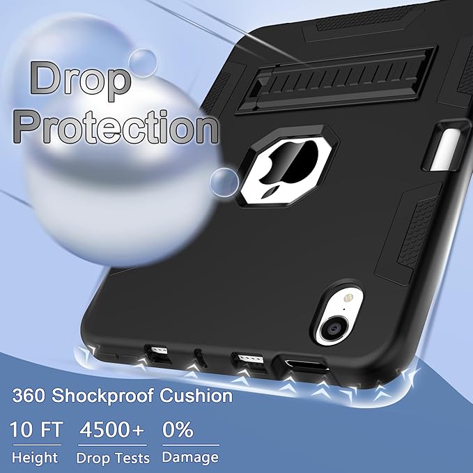 CCMAO for iPad mini 7 A17 Pro Case, iPad mini 6th/7th Generation Case (2021/2024), with Pencil Holder and Kickstand, Heavy Duty Shockproof Hybrid Three Layer Protective Cover, Black