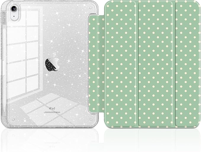 DONGKE for iPad Pro 11 inch Case – Fits M5 2025 / M4 2024, Shockproof Sparkling Glitter Acrylic Back, Pencil Holder, Trifold Stand, Auto Sleep/Wake & Touch ID Support - Green Polka Dot