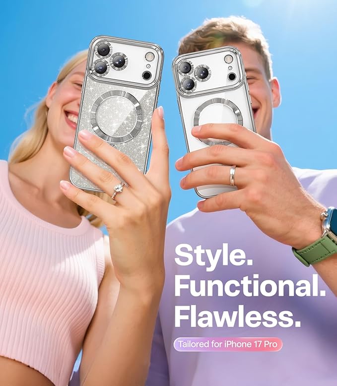 Meifigno Designed for iPhone 17 Pro Case 6.3", [Glitter Card & Wrist Strap][Compatible with MagSafe][1HD +1X Privacy Screen Protectors] Surround Raised Lens Protection for 17 Pro Case, Titanium Silver