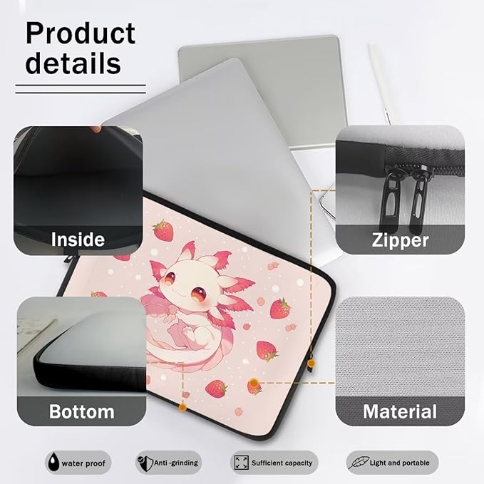Cute Axolotl Laptop Sleeve Women Strawberry Lap Top Case for Teen Girls 10inch Computer Sleeve Slim Laptop Protector with Multiple Uses Laptop Carrying Case Pink Briefcase