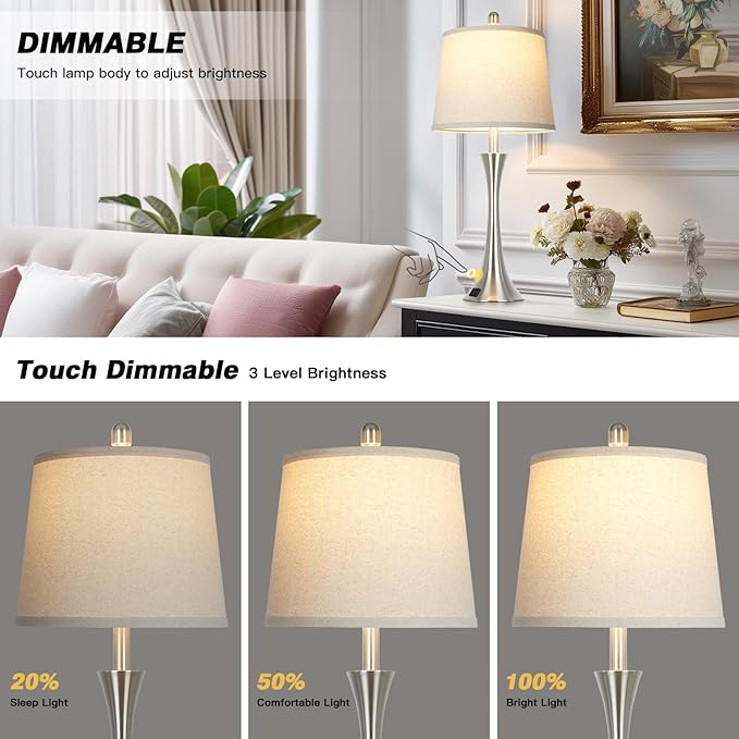 Rinweey 27.5" Silver Table Lamps Set of 2, Touch Bedside Lamps with USB C+A Ports, 3 Way Dimmable Nightstand Lamps for Bedroom, Living Room, Office, Silver Lamp with Beige Lampshade, Bulbs Included