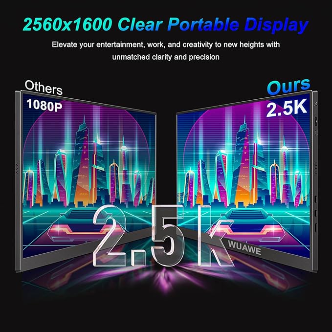 WUAWE Portable Monitor 16" 16:10 IPS Travel Monitor for Laptop, 100% sRGB Control USB-C HDMI,HDR Freesync Display, Plug&Play for Phone PS5 Switch (2.5K|144HZ, Black, 16inch)