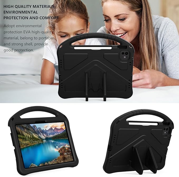 Kids Case for iPad Pro 11-inch (M5) 2025/(M4) 2024, Air 11" 2026 M4/M3/M2 Case with Pencil Holder, Techcircle Lightweight Shockproof EVA Foam Handle Stand Anti-Slip Grip Rugged Cover, Black