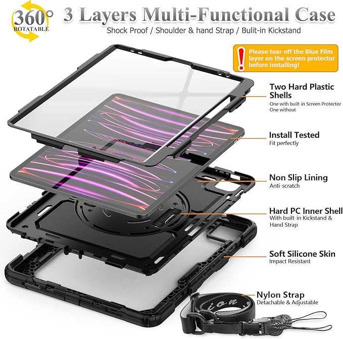 SEYMAC stock Case for iPad Pro 12.9'' 2022/2021/2020/2018 with Screen Protector 360 Rotating Stand Hand Strap, Drop-Proof Case for iPad Pro 12.9''(6th/5th/4th/3rd Generation), Black