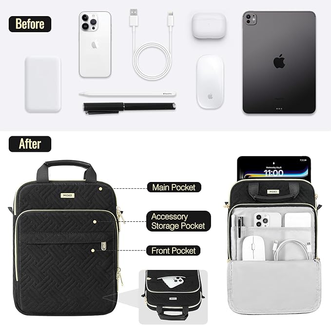 MoKo 9-11 Inch Puffer Tablet Sleeve Bag for New 11-inch iPad Air M4 2026 & iPadPro M5, iPad 10th/Air 5/4th 10.9, 7/8/9th 10.2, 360° Edge Protection Puffy Bag with Handle & Shoulder Strap, Black