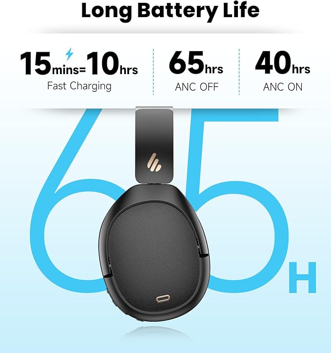 Edifier W80 Over Ear Headphones with -49dB Active Noise Cancelling, LDAC Hi-Res Wired & Wireless, AI Clear Call, Fast Charging, Multipoint Connection, Bluetooth V5.4 - Black